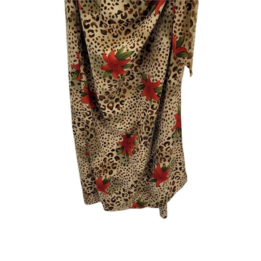 Vintage Tan Leopard Red Lily Print Sleeveless Mock Side Tie Hostess Dress Sz M - Picture 12 of 14